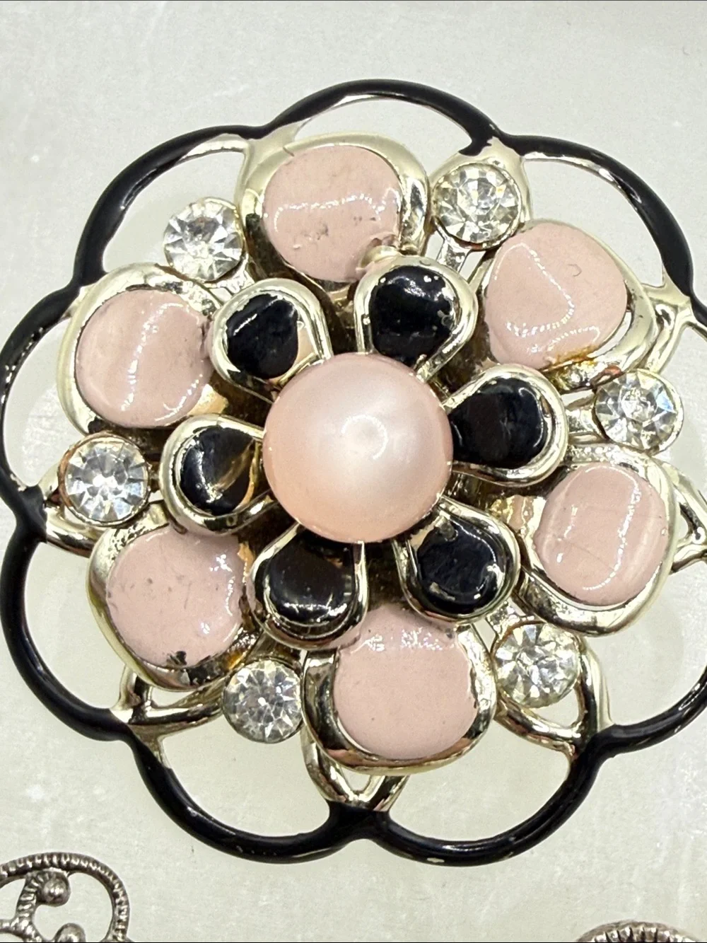 Vintage 3 brooches silvertone open work rhinestone faux pearl moonglow set